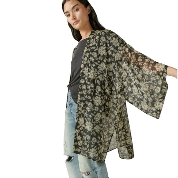 LUCKY BRAND Floral Printed Chiffon Metallic Striped Open Front Kimono Cardigan - Picture 4 of 12